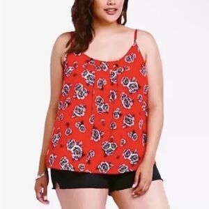 Torrid Pleated Red and Black Floral Georgette Criss Cross Swing Cami Size 3